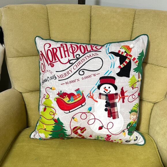 Pier 1 Imports Christmas Lights North Pole Snowman Elf Penguin Pillow 17" x 17" - Picture 1 of 11